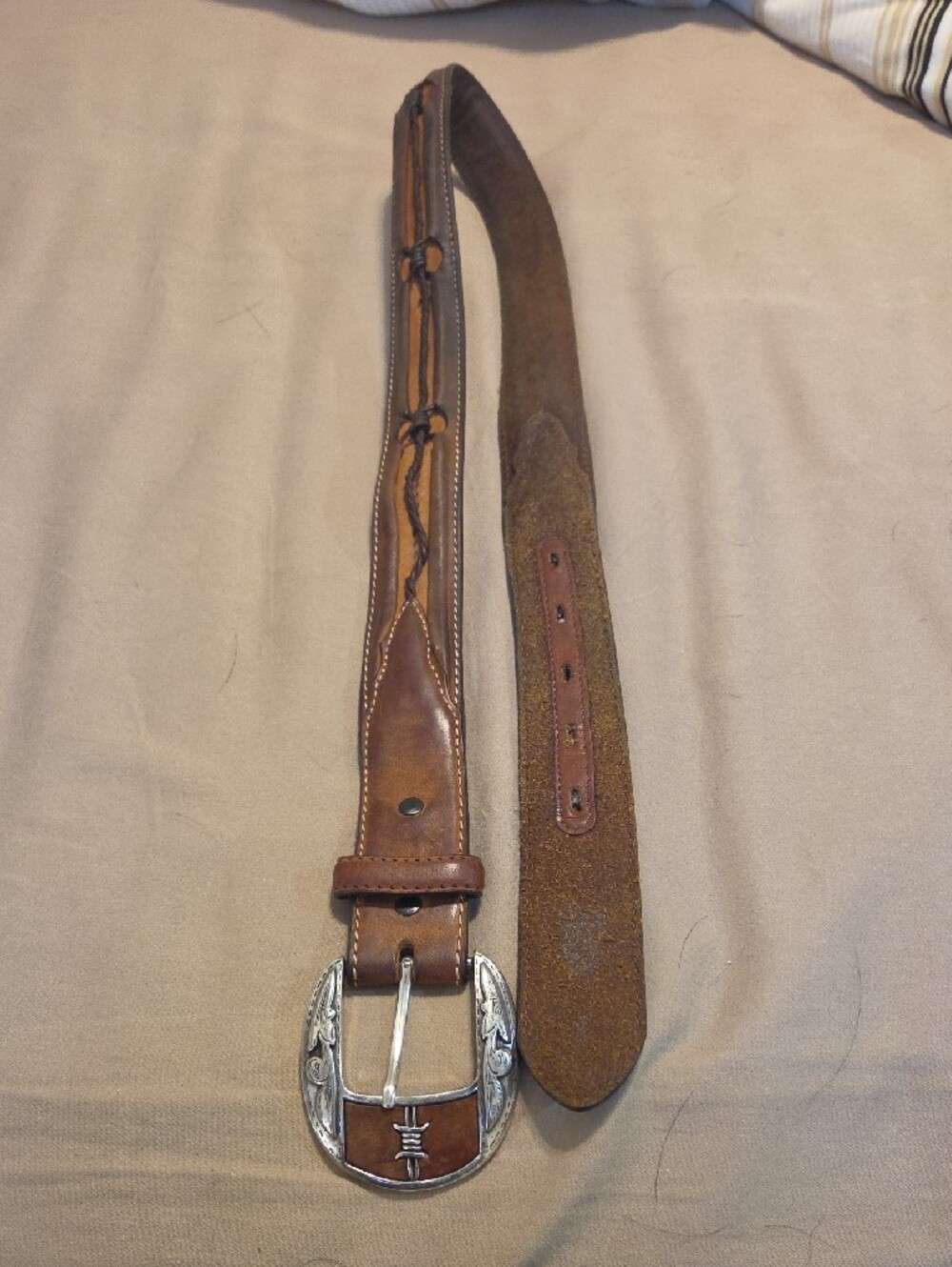 Brown Leather Men's Belt with Silver Western Buckle - Picture 4 of 6